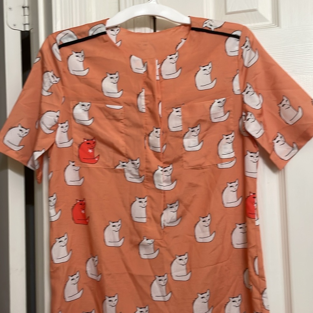 Cat Print Orange Sheath Dress - Picture 2 of 6